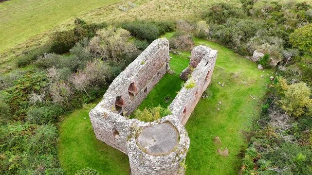 Cinematic 4K Drone Aerial View of Rait Castle Ruins, Historic Hall House in Nairn, Scottish Highlands