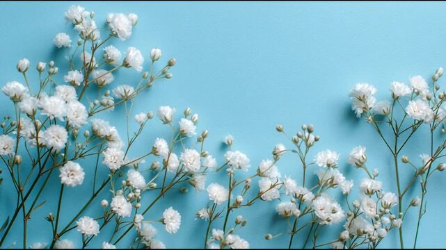 Delicate white flowers arranged on a serene blue background viewed from directly above