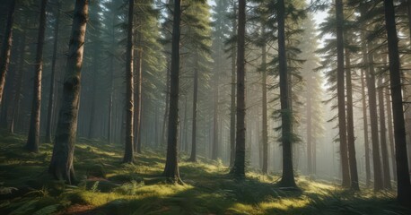 Obraz premium Dense Spruce forest with towering trees and undergrowth, swedish, misty, evergreen