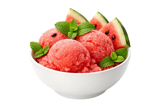 Fresh watermelon sorbet scoops in a white bowl with mint leaves isolated on Transparent background PNG