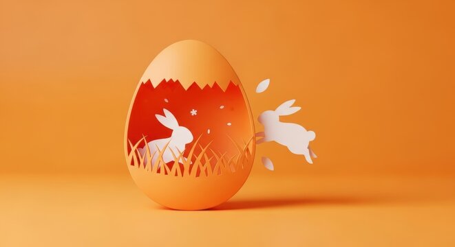 Easter egg cracked open revealing a bunny and grass scene inside on a vibrant orange background