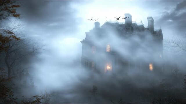 Mysterious old mansion with glowing windows surrounded by thick fog and dark trees at dusk, eerie atmosphere with flying bat enhancing haunted theme
