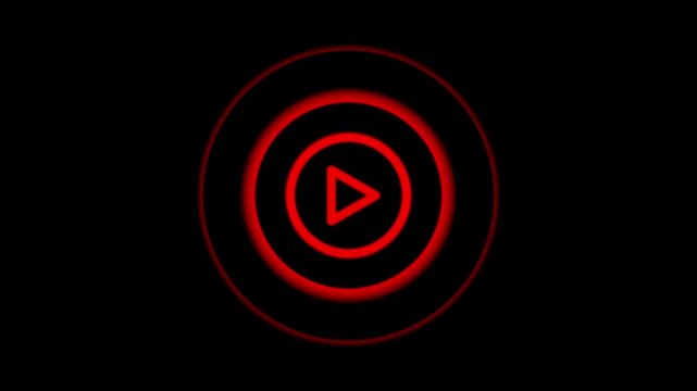 A glowing red play button centered within concentric circular rings