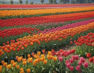 Fototapeta premium Field of tulips in a natural landscape with vibrant colors and swaying flowers , Nature, Colors, Spring