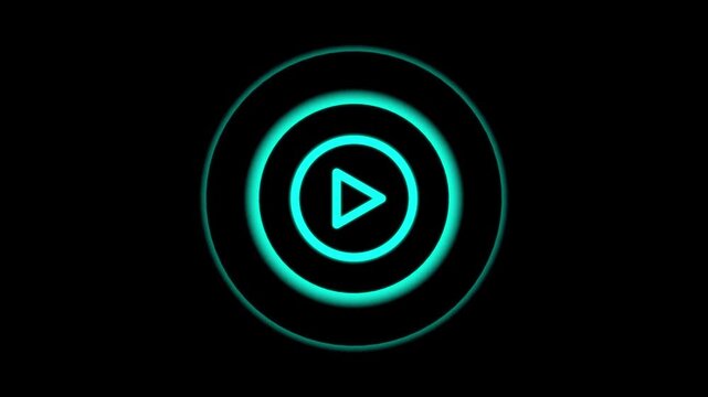 Neon blue play button icon within concentric glowing circles on black