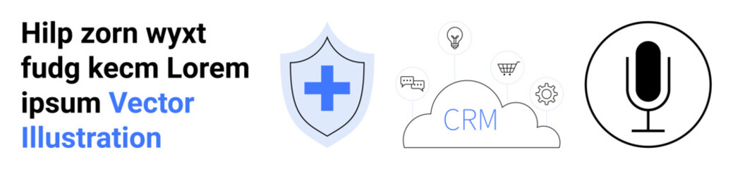 Obraz premium Data protection, healthcare services, CRM tools, cloud technology, digital security, voice communication. Shield with cross, CRM cloud microphone symbol. Healthcare services and digital security