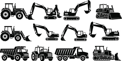 Construction heavy equipment silhouette collection including excavator tractor bulldozer and dump truck isolated vector set for industrial building and earthmoving work © MstMohasana