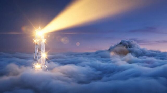 Crystal Lighthouse Emitting Golden Light Over Clouds Representing Business Guidance and Navigation