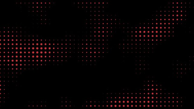 Crimson halftone dot cluster animation forming abstract shapes with deep black negative space