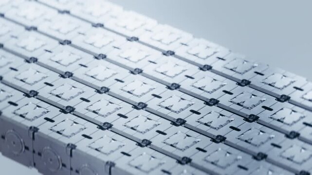Seamless loop 3D animation of futuristic sci-fi metallic cubes. Moving blocks rising and falling in organized rows like a digital microchip. Cyber hardware geometry, industrial motion, data server.