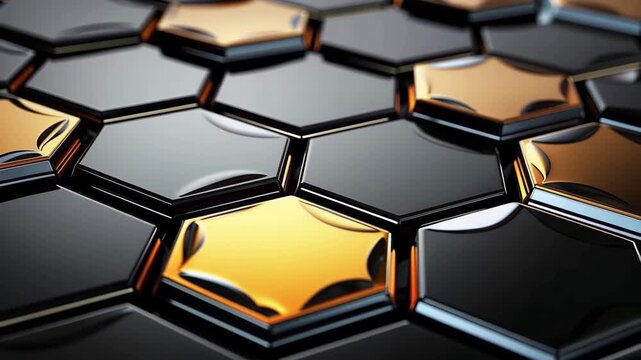 Black and gold hexagonal shapes form a unique pattern in a well-lit area. Light reflects off the surfaces creating bright highlights and shadows.