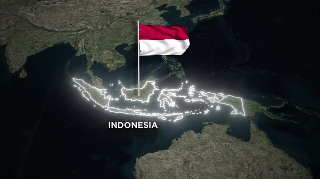 Indonesia Glowing Border Map Animation with 3D Waving of Indonesia National Flag on World Map