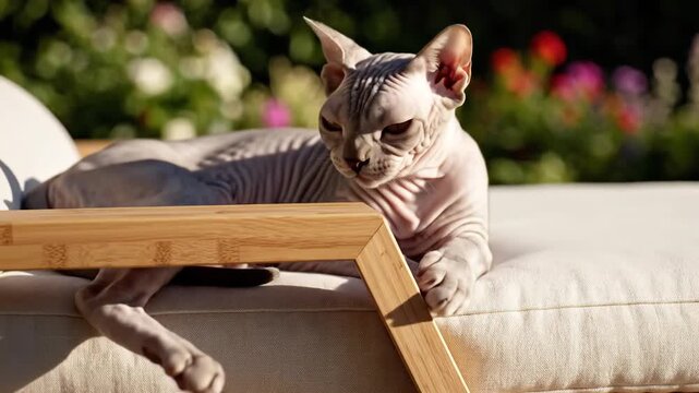 Sphynx Cat Yawning on Outdoor Furniture in Sunlight.