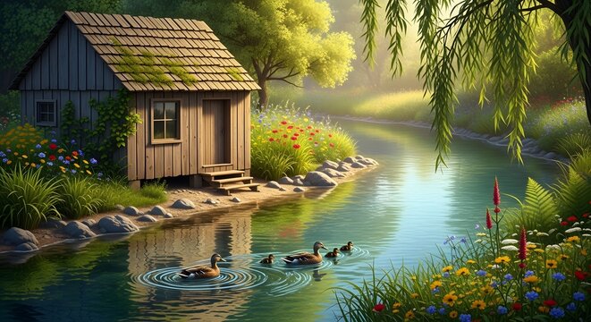 Idyllic riverside cabin scene with ducks and vibrant greenery in sunlight