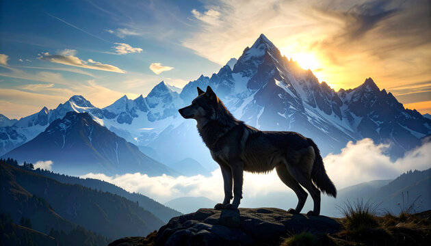 Majestic wolf stands atop a mountain peak with a breathtaking landscape view