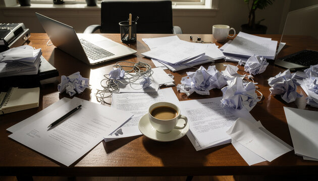 Messy desk workspace with papers coffee cup and laptop computer