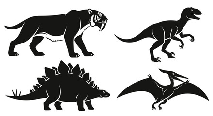 Prehistoric Animals Silhouettes Set - Dinosaurs and Extinct Mammals Vector Icons