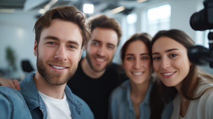 Fototapeta premium Faceless creative team of photographers taking a group selfie with a camera in a bright studio setting, defocused background, post-production team concept, photography session