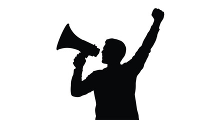Man shouting into megaphone with raised fist a striking silhouette © MSTSALINA