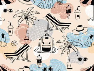Seamless pattern of summer beach vacation and travel icons. © Bhonard21