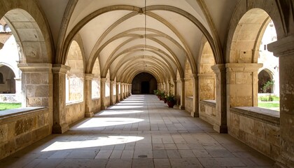 Vaulted stone corridor with arches, receding perspective, warm light, and potted plants in the distance