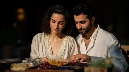 Obraz premium Latina woman and Middle Eastern man preparing Nowruz haft seen table together, traditional elements arranged, blending cultural traditions, spring celebration, perfect for interfaith couple