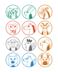 Chinese Zodiac, horoscope, animals signs, 12 earthly branches, Shengxiao, vector illustration