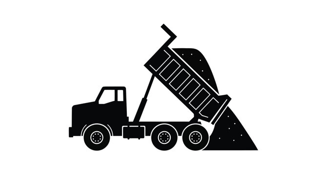 A black silhouette of a dump truck unloading material silhouette