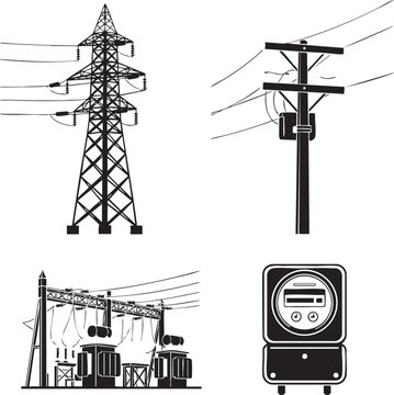 Electric power infrastructure elements on transparent background