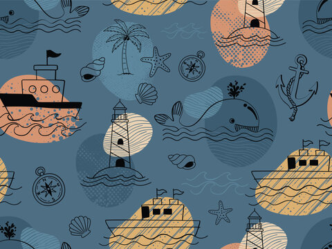Seamless nautical pattern featuring whales, ships, lighthouses, and anchors.