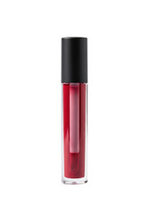 Obraz premium An elegant clear glass tube of deep crimson red liquid lipstick and matte black cap, isolated on a transparent studio background with sharp focus, modern beauty advertisement concept