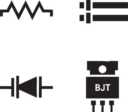 Electronic Component Symbols Resistor Capacitor Diode and BJT Transparent Background