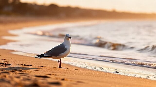 Seagull on beach at sunset