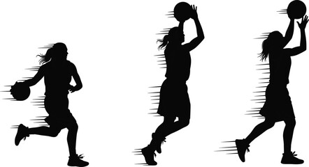 Female basketball player silhouettes showing dribbling, jumping and shooting action poses, women sport activity, basketball training, competition and athletic movement concept. © Ramzan Creatives