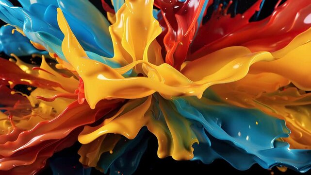 Bright colors collide and mix, creating vibrant patterns and textures. Droplets splash in a studio, showcasing the beauty of paint in motion.