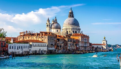 Naklejka premium Venice cityscape featuring a grand church dome over old, vibrant buildings, alongside a canal under a blue sky