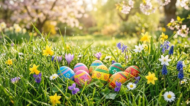 Colorful Easter eggs placed on green grass in a sunny spring garden. Bright outdoor seasonal scene symbolizing celebration, nature, and traditional holiday decoration.