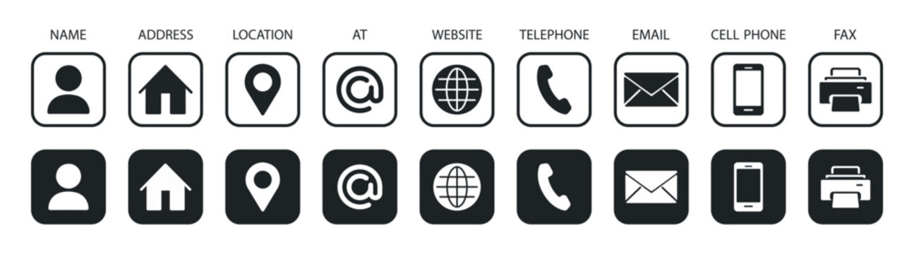 Contact communication icon set with phone email location home user globe car and web symbols, minimal interface buttons vector illustration on transparent background