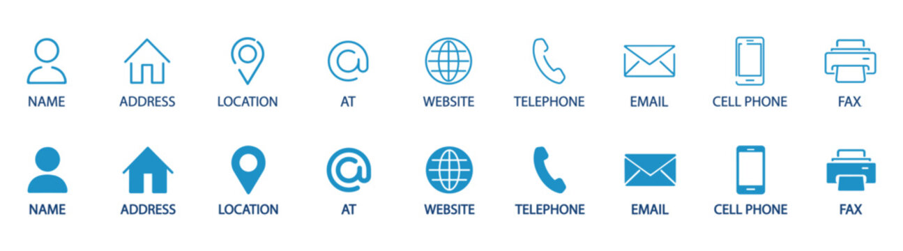 Contact communication icon set, phone, email, location, website, home, user, globe, printer symbols, blue outline interface buttons vector illustration on transparent background