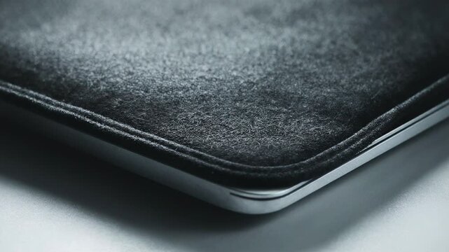 Closeup of a soft laptop sleeve, clean composition ample negative space