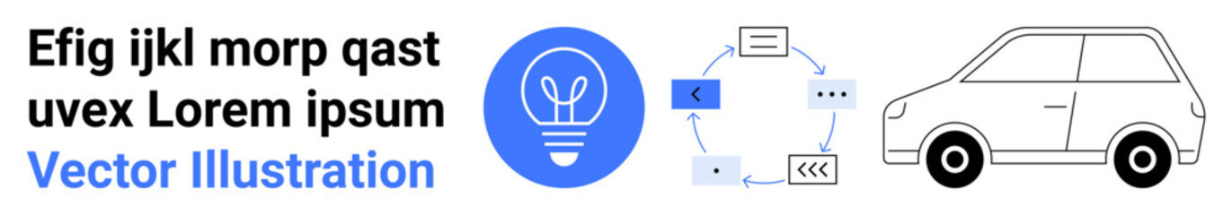 Innovation, workflow, transportation, automotive, ideas, digital development. A light bulb, circular workflow arrows and a car outline are . Innovation and workflow processes concept © robu_s