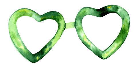 Heart shaped green glasses watercolor illustration, St. Patrick's Day party, 300 dpi PNG, clipart, isolated object, transparent background