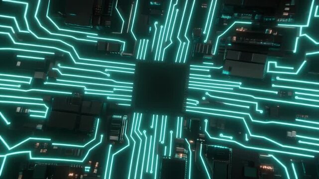 Futuristic looping rotating pcb circuit neon environment bright cyan energy lines flowing pathways seamless surreal ambience cascading softly abstract cinematic loop