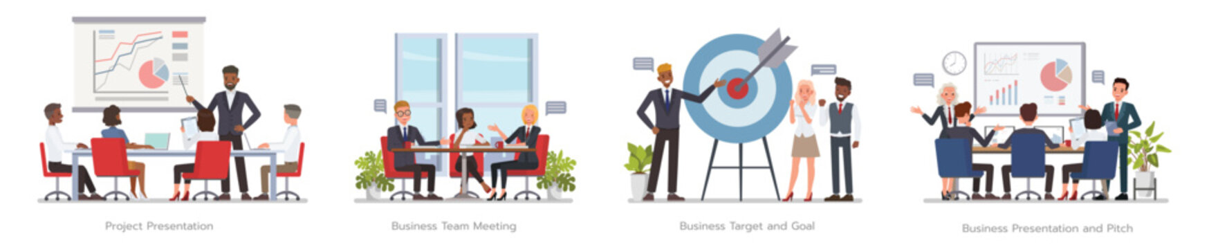 Business people team presenting project ideas meeting for collaboration and celebrating success with target in office set. Character vector illustration design.