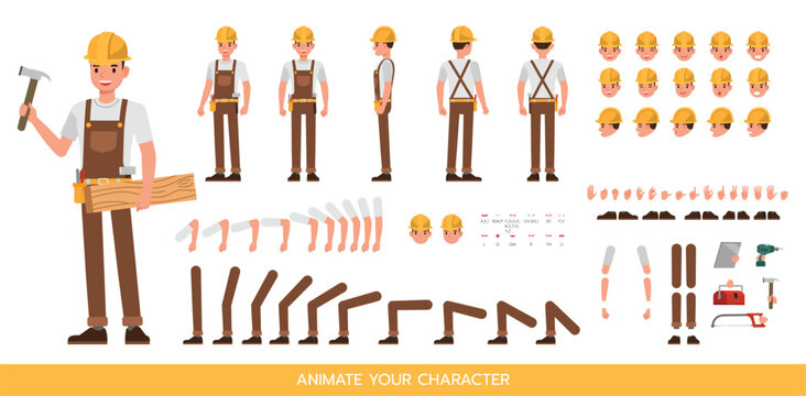 Male carpenter character construction kit with multiple poses facial expressions and tools for animation. Vector illustration design.