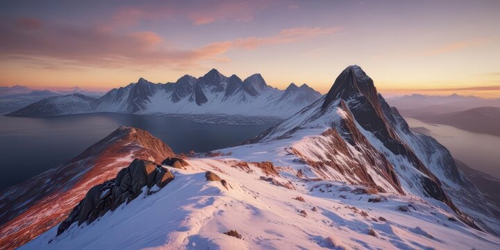 Mountain landscape with snow-covered peak on Segla hill at sunrise on Senja Island in Norway,  hills,  landscape,  Norway