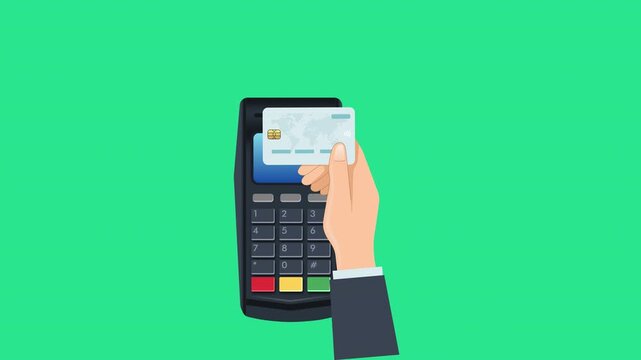 Contactless Credit Card Payment Animation with EDC Machine and Receipt Printing. 4K animation with alpha channel background