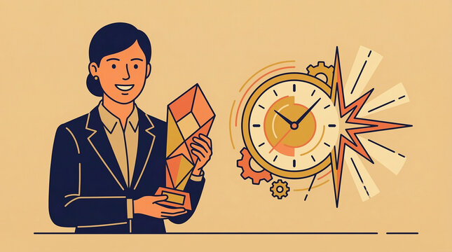 Businesswoman holding envelope near exploding clock on table, illustrating time-sensitive document, office environment, illustration, close-up viewpoint