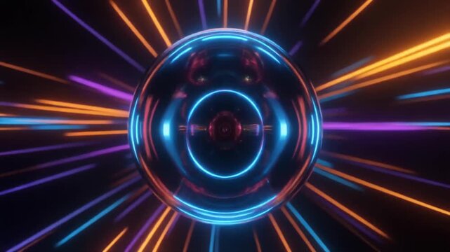 Futuristic looping rotating plasma sphere emitting vibrant blue orange light surrounded soft motion trails seamless surreal ambience cascading softly abstract cinematic loop