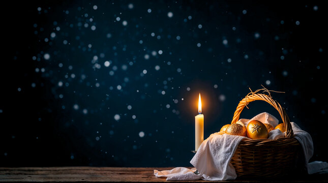 Wicker basket with golden Easter eggs and lit candle on wooden table against starry night&mdash;serene, sacred anticipation of Orthodox Easter vigil